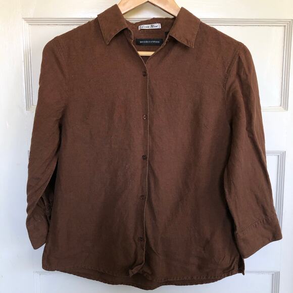 VTG 90s Goodclothes Linen Blend Button Front Shirt Brown Long Sleeve Minimalist - Picture 1 of 8